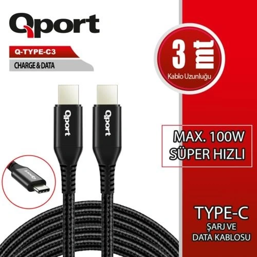 Qport Q-TYPE-C3 3m Type-C 100W Super Fast PD Charging and Data Cable